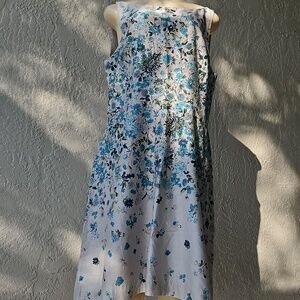 LOFT White Midi Dress with Blue Floral Print